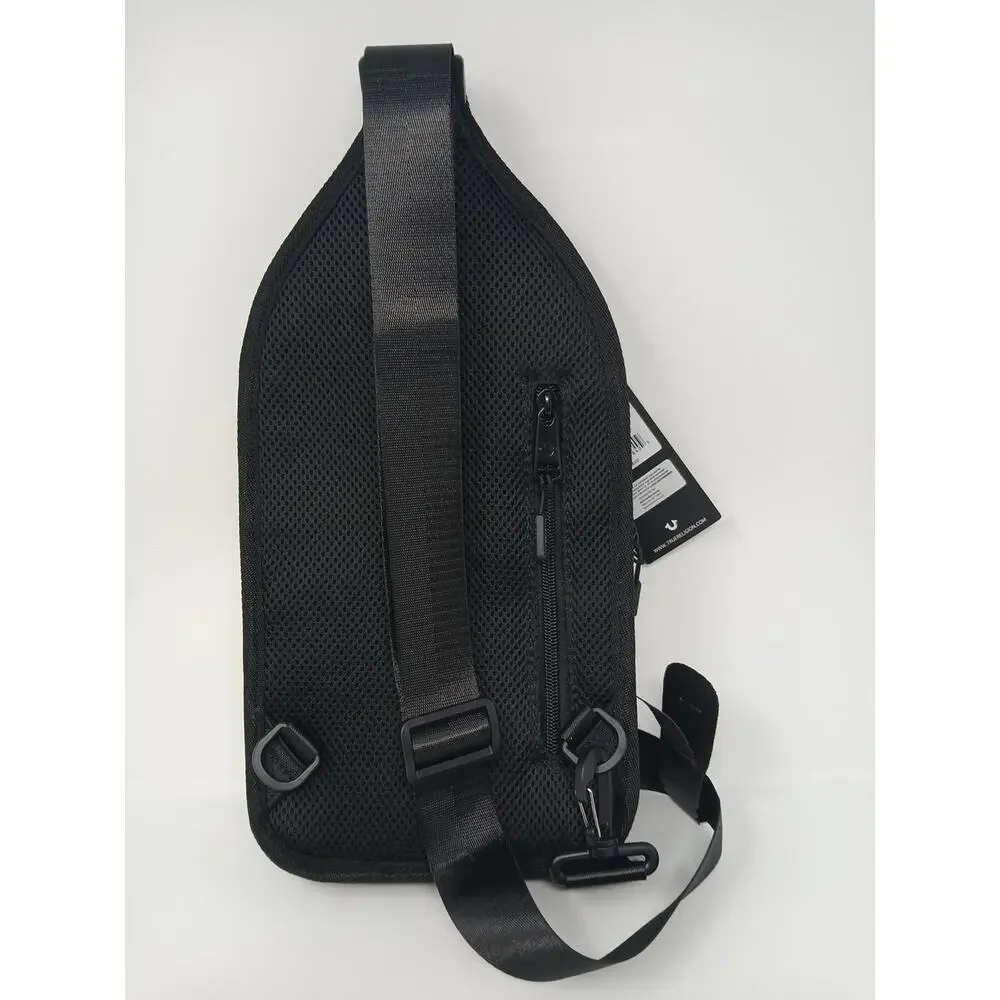 True Religion Black Crossbody Bag Men Zip Outer Pockets Guitar Character